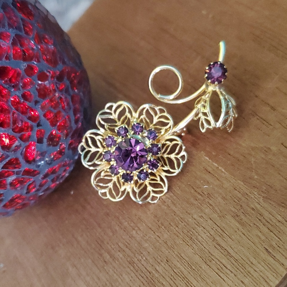 Vintage Purple Rhinestone Filigree Floral Brooch, 1950s/60s